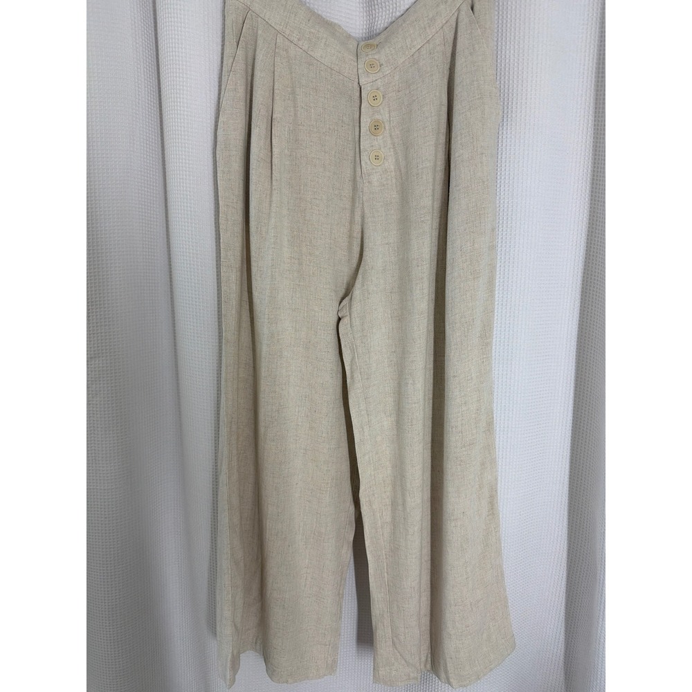 Gentle Fawn Linen Wide Leg Pants Oatmeal Beige Button Pleated Womens Medium